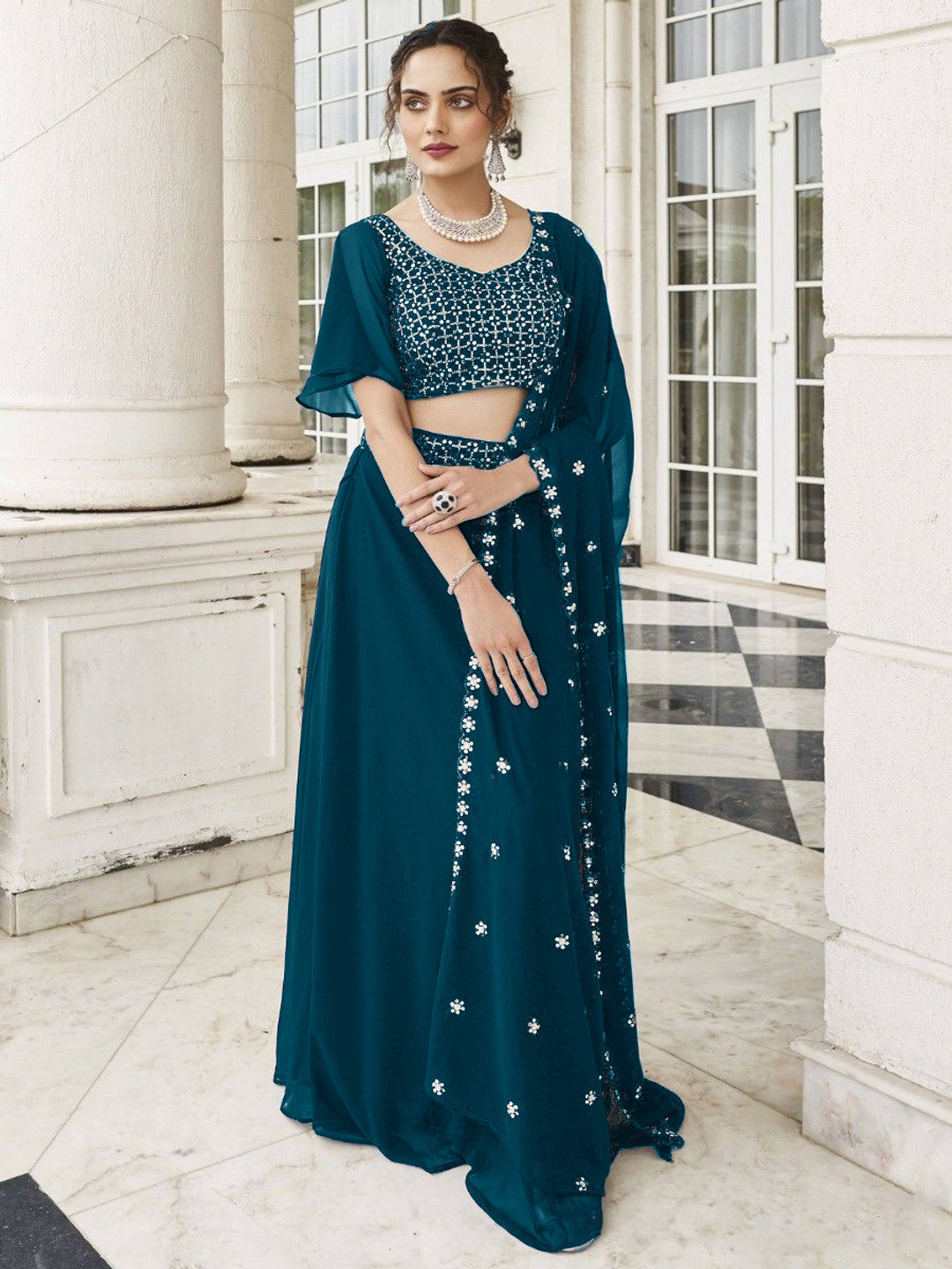 SANCIA Floral Embroidered Sequins Top With Palazzos And Dupatta