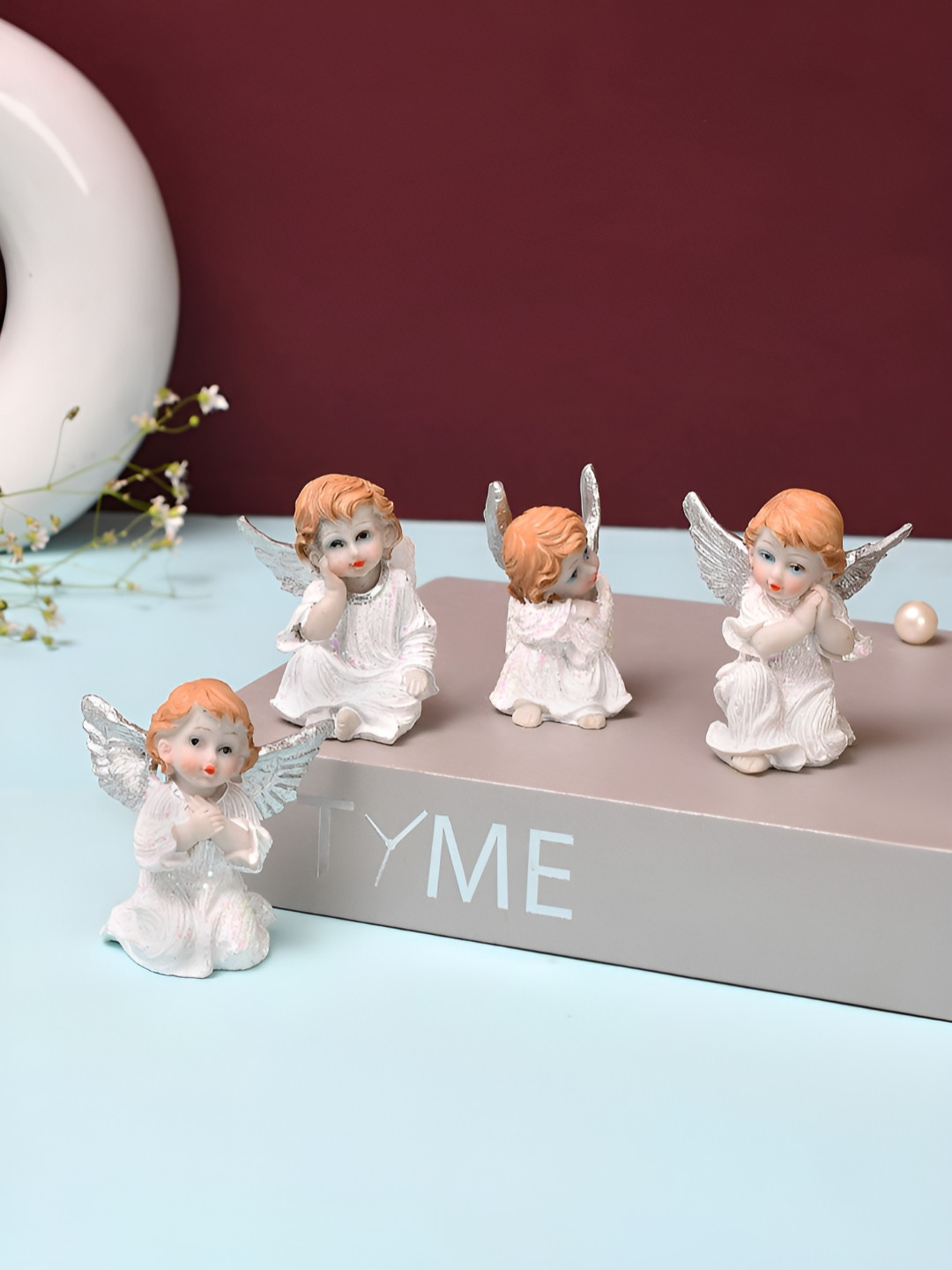 TAYHAA Wings Angel Silver Polyresin Matte Living Room Set of 4 Tiny Showpieces - 2.6 Inches