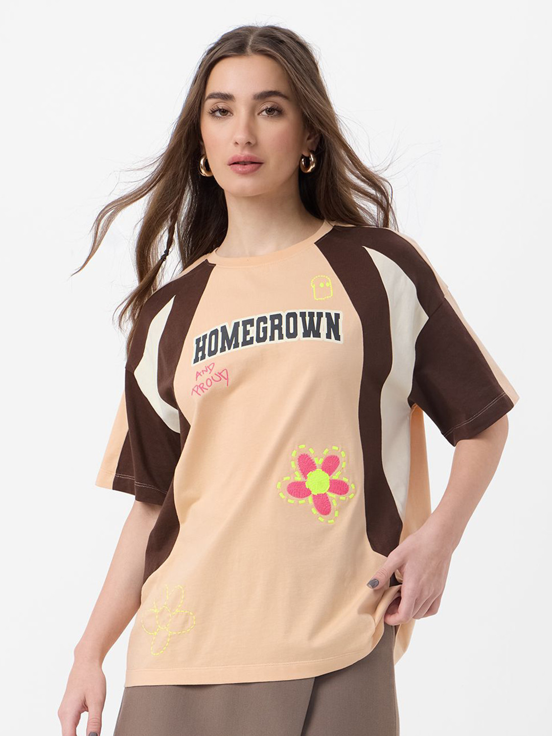 The Souled Store Oversized Typography Printed Embroidered Cotton T-Shirt