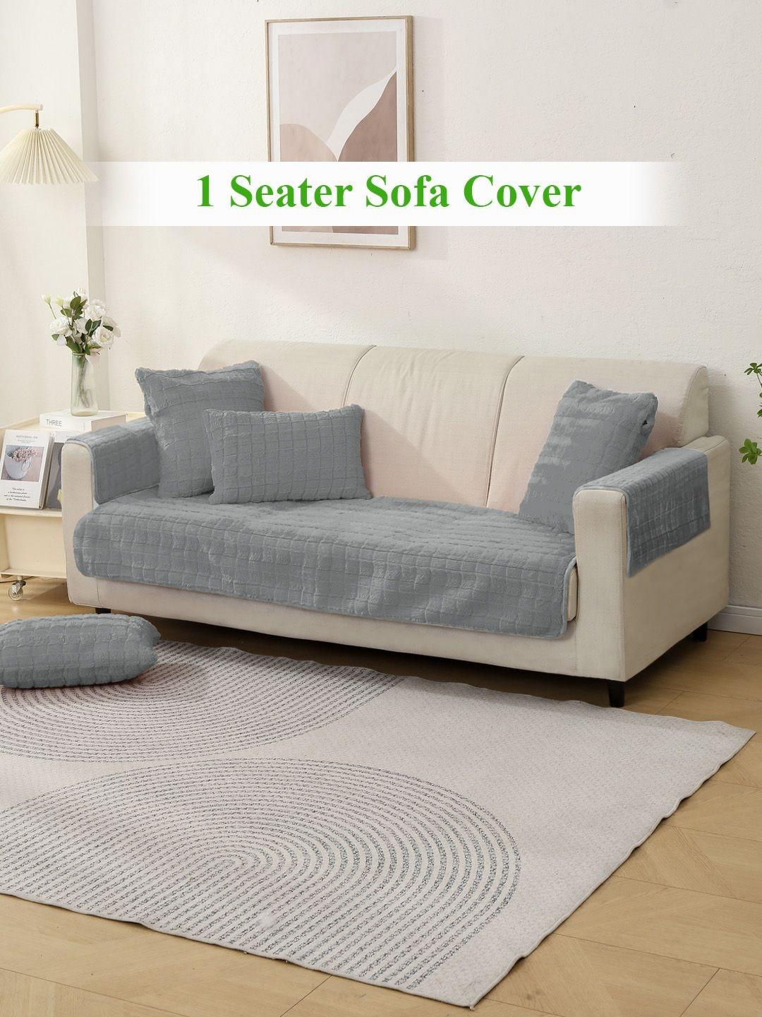 HOKIPO Grey Plush 1 Seater Sofa Seat Mat & 2 Armrest Covers
