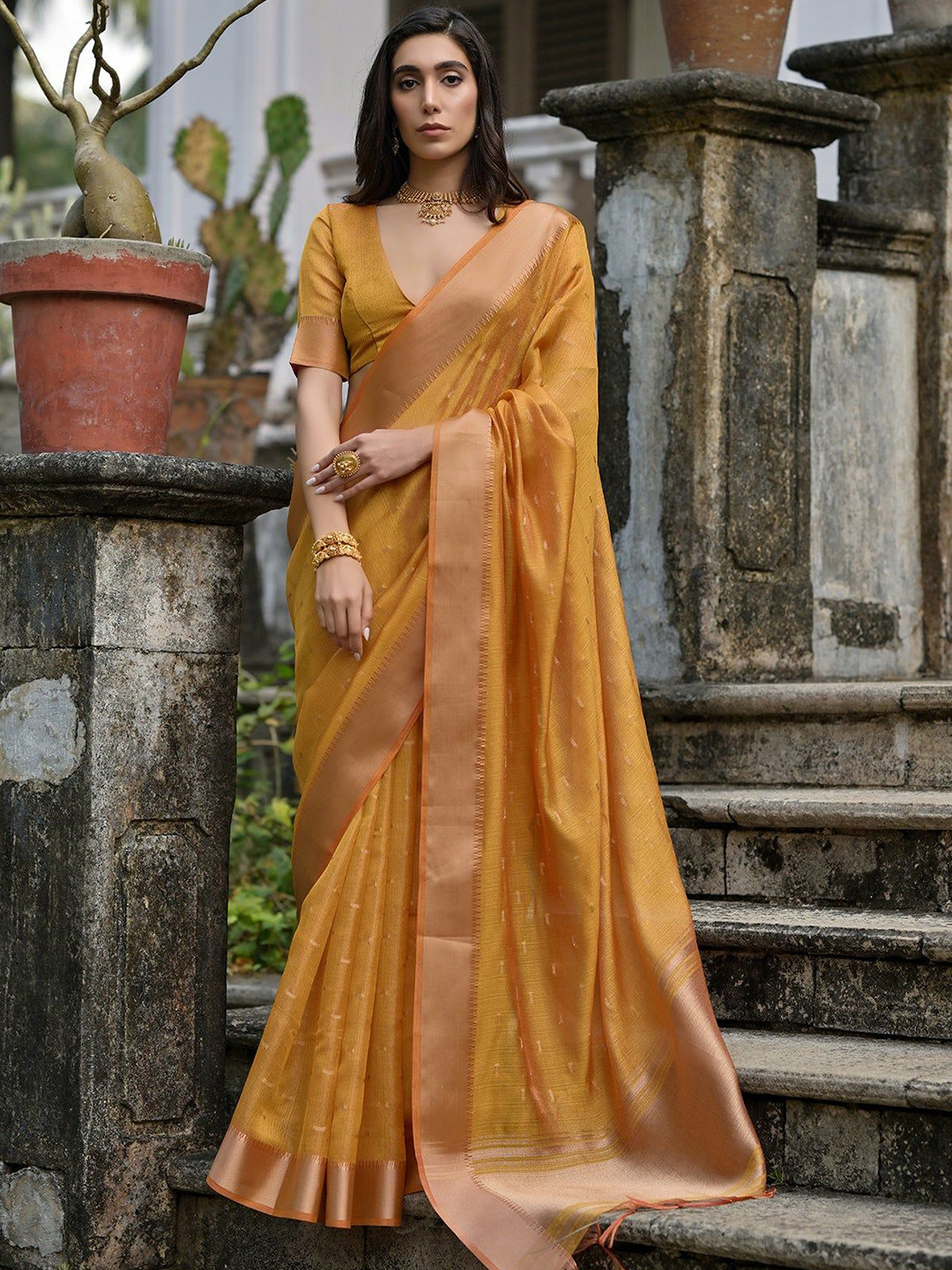 VISHNU WEAVES Canary Yellow Woven Design Linen Silk Zari Butti Weaves Saree