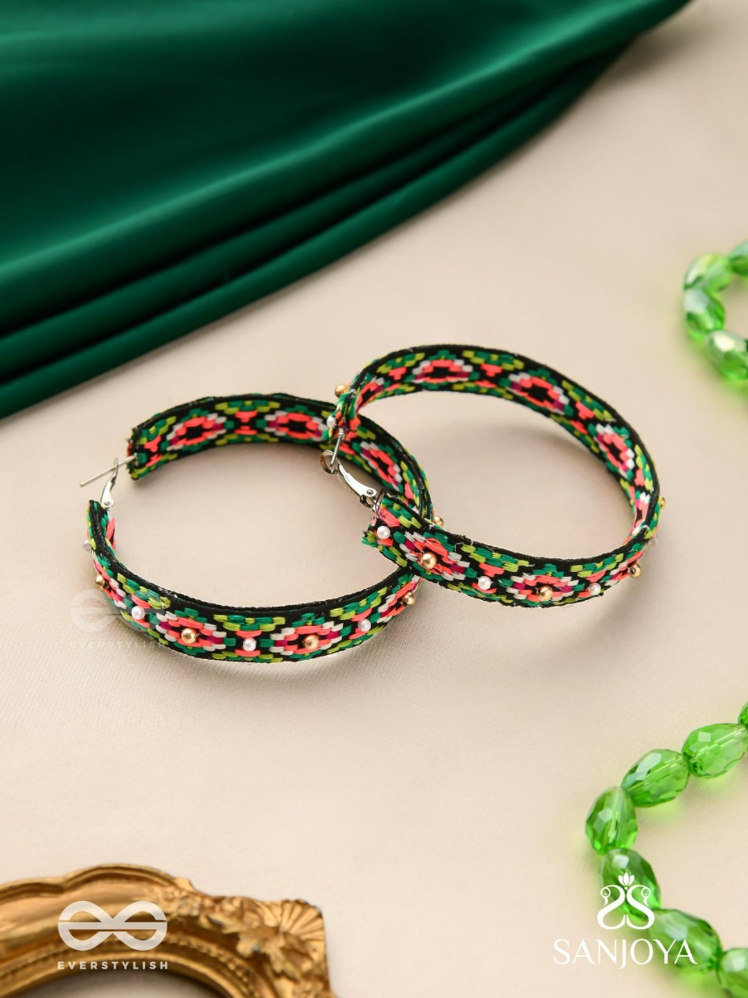 EVERSTYLISH Sanjoya Resham & Beads Embroidered Hoop Earrings