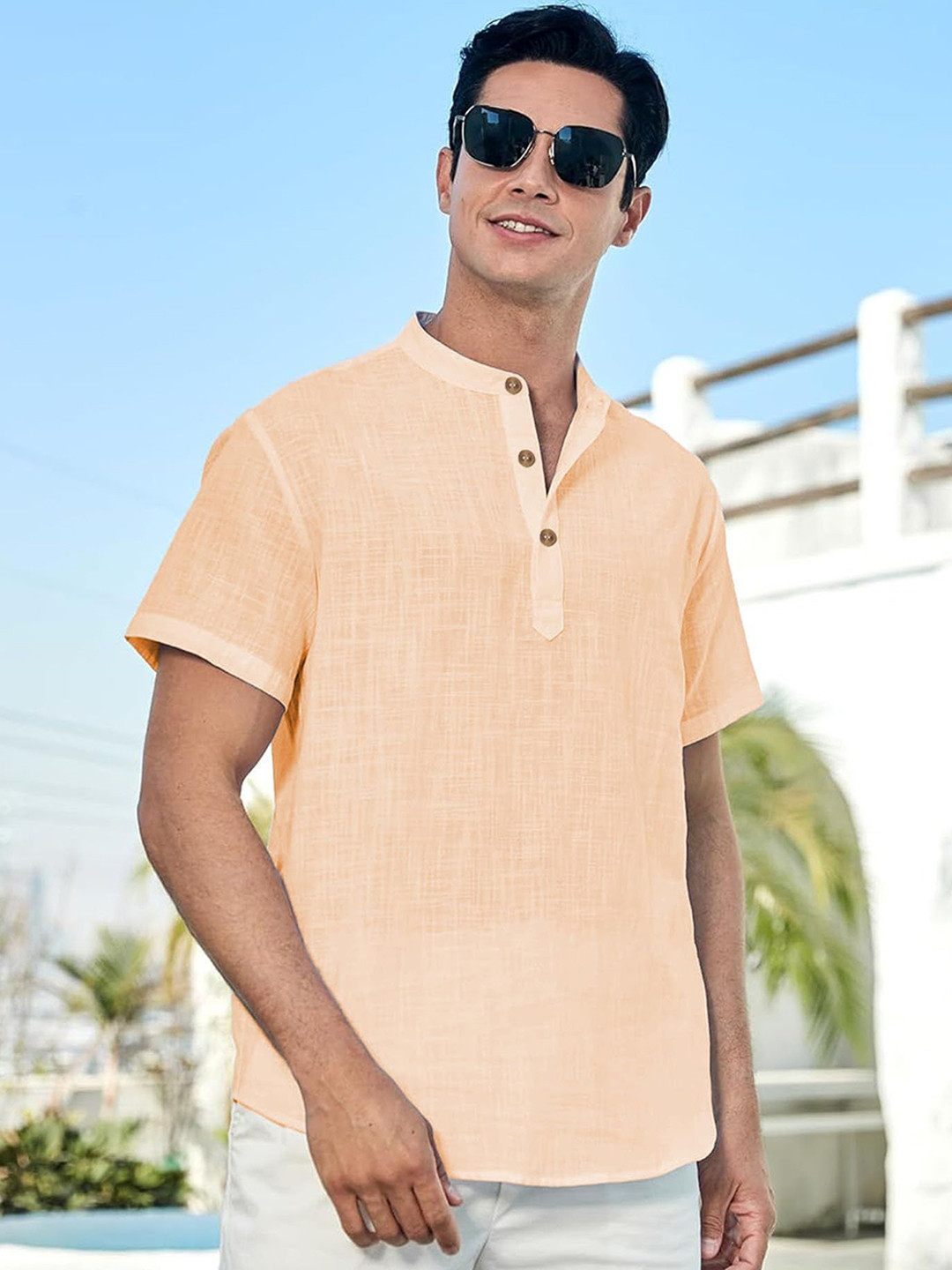 Vida Loca Half Sleeves Band Collar Cotton Straight Slim Fit Short Kurta