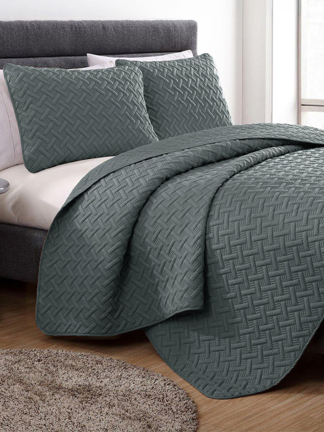 Story@home Bedcover Adrina Double Grey Self Design Microfiber Queen Bedsheet with 2 Pillow Covers-89 x 98 inches