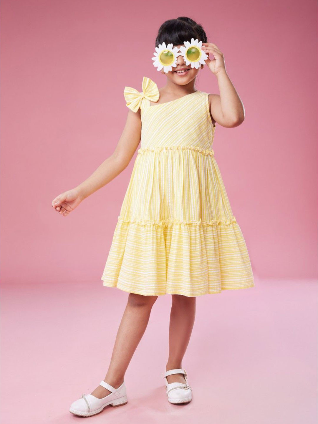 MASTARANG Girls Striped One Shoulder Bow Fit & Flare Cotton Dress