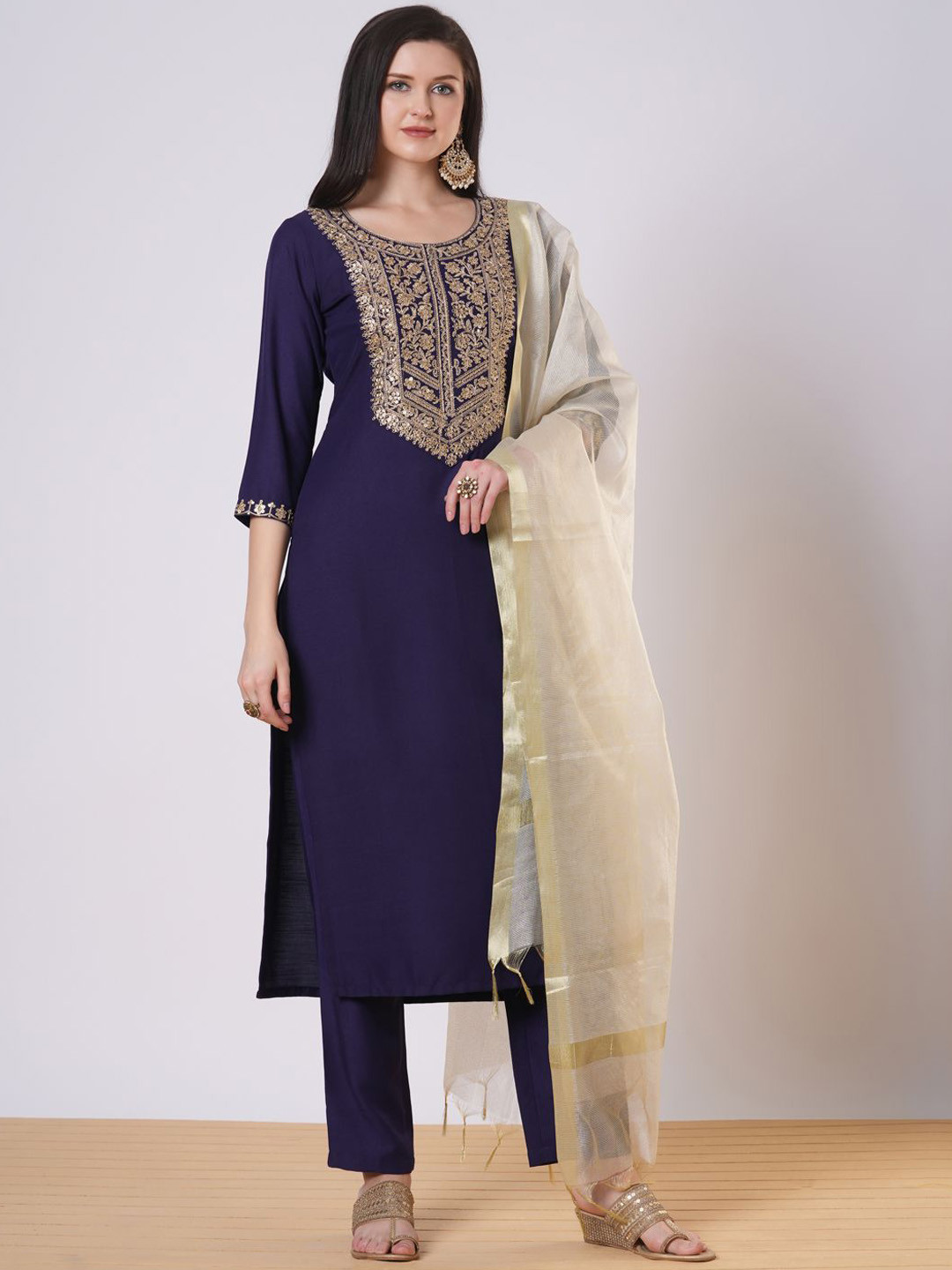 GoSriKi Tudari Floral Embroidered Sequinned Straight Kurta With Trousers & Dupatta