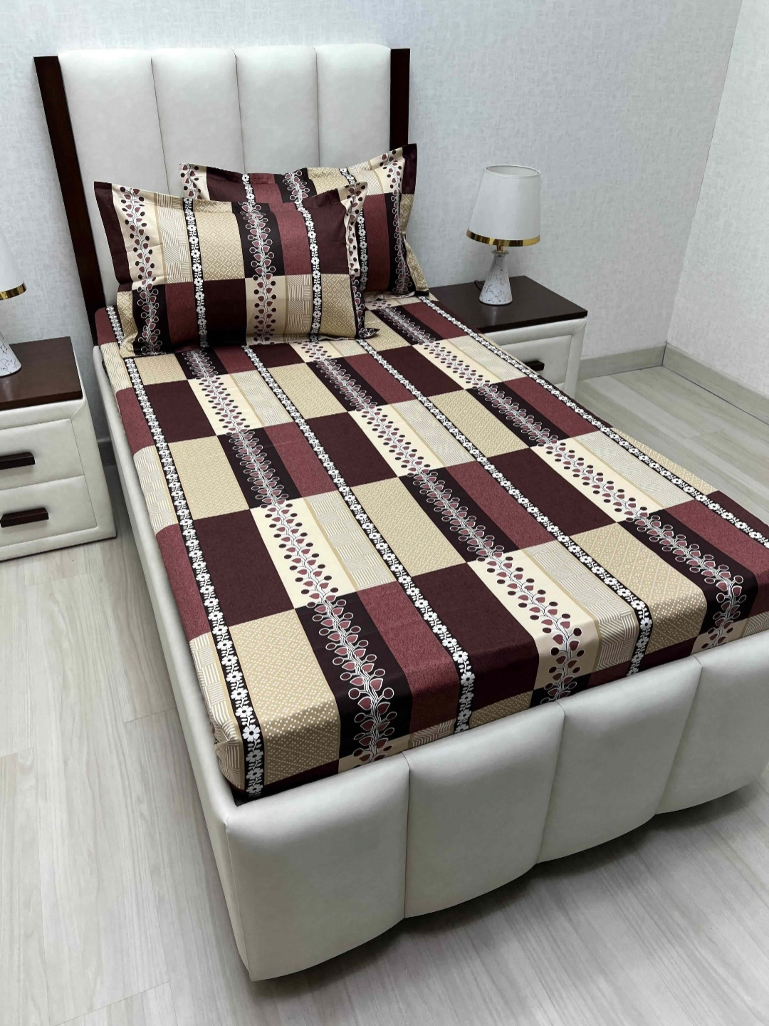 Pure Decor Lounge Fur Beige Geometric Pure Cotton 210 TC Single Fine Bedsheet with 2 Pillow Covers-68 x 93 inches