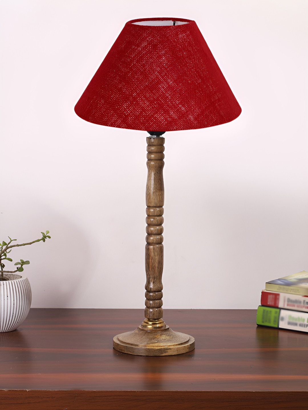Devansh Maroon and Brown Wooden Frusturical Shaped Table Lamp