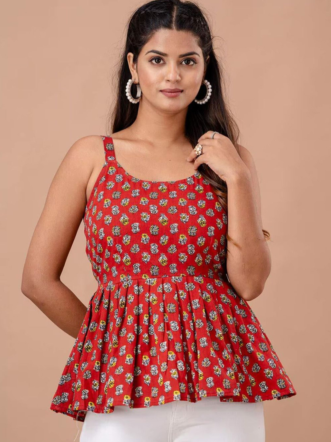 Rangun Women Ethnic Motifs Printed Shoulder Straps Peplum Top