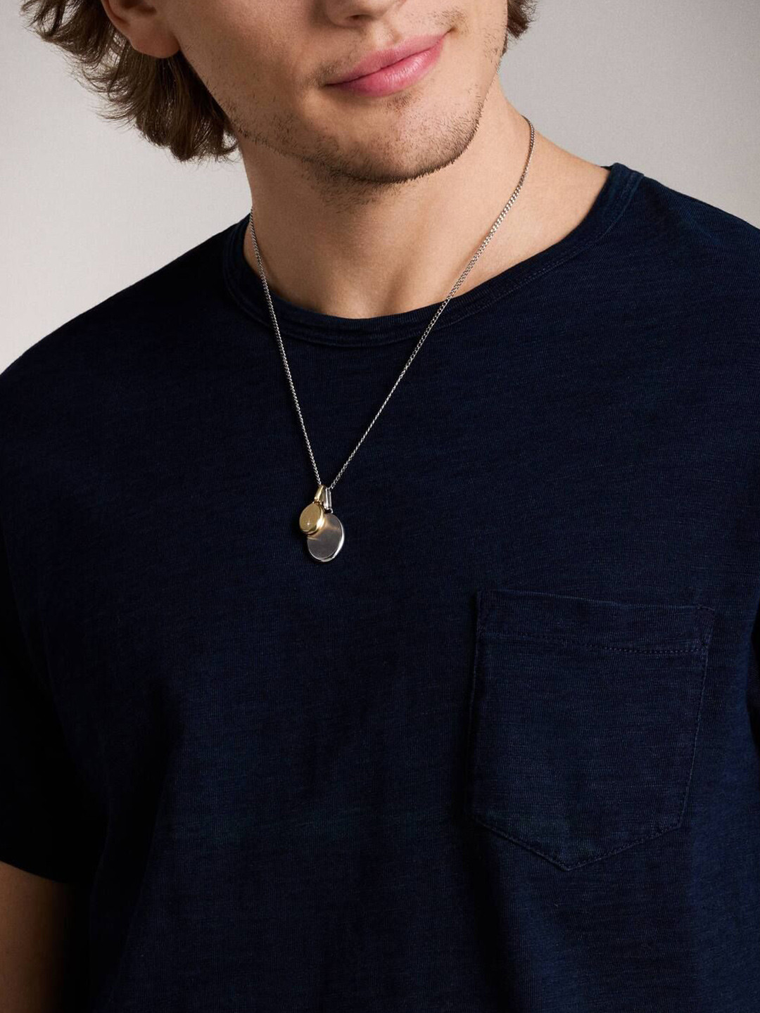 Fossil Men Stainless Steel Artificial Stone Studded Circular Shaped Pendants With Chains