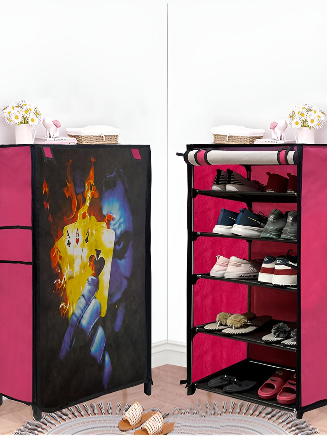 Urban Choice Pink & Black Printed 5 Layer Stainless Steel Collapsible Shoe Stand