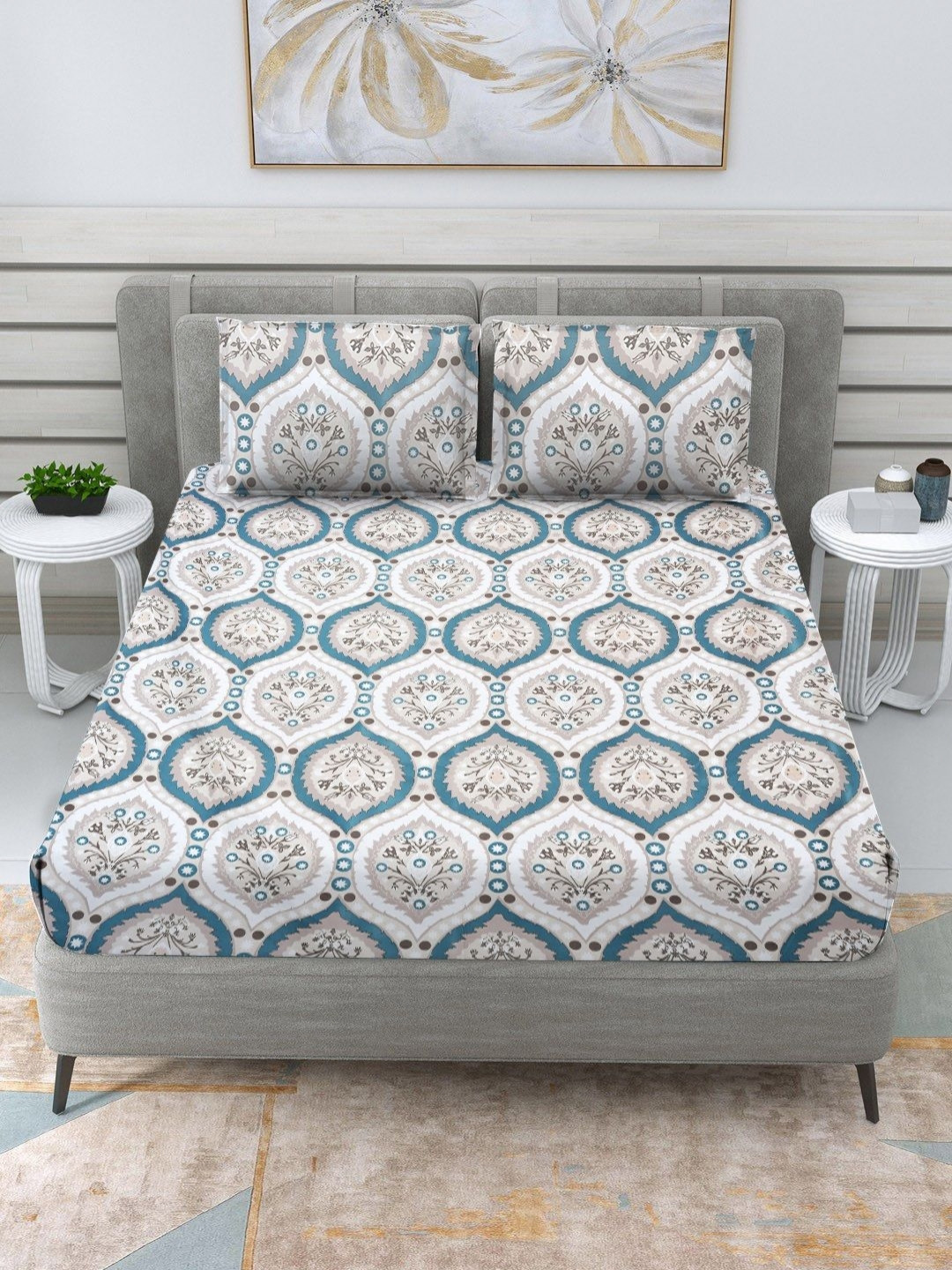 RRC White Ethnic Motifs Microfiber 144 TC Fitted Queen Fine Bedsheet with 2 Pillow Covers-72 x 78 inches