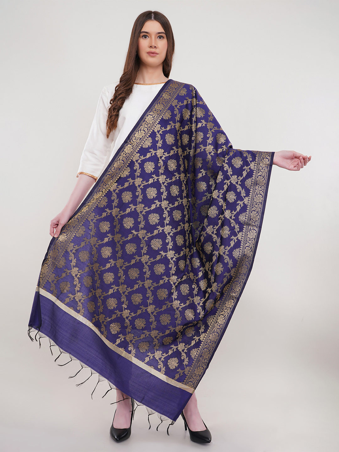 Lavantika Navy Blue & Gold Woven Banarasi Silk Dupatta