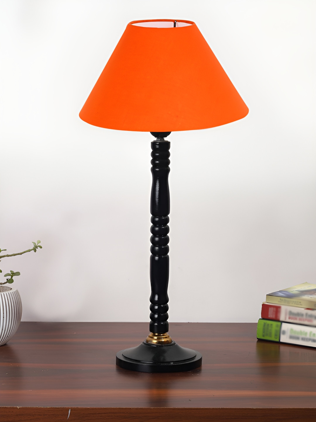 Devansh Orange and Black Wooden Frusturical Shaped Table Lamp