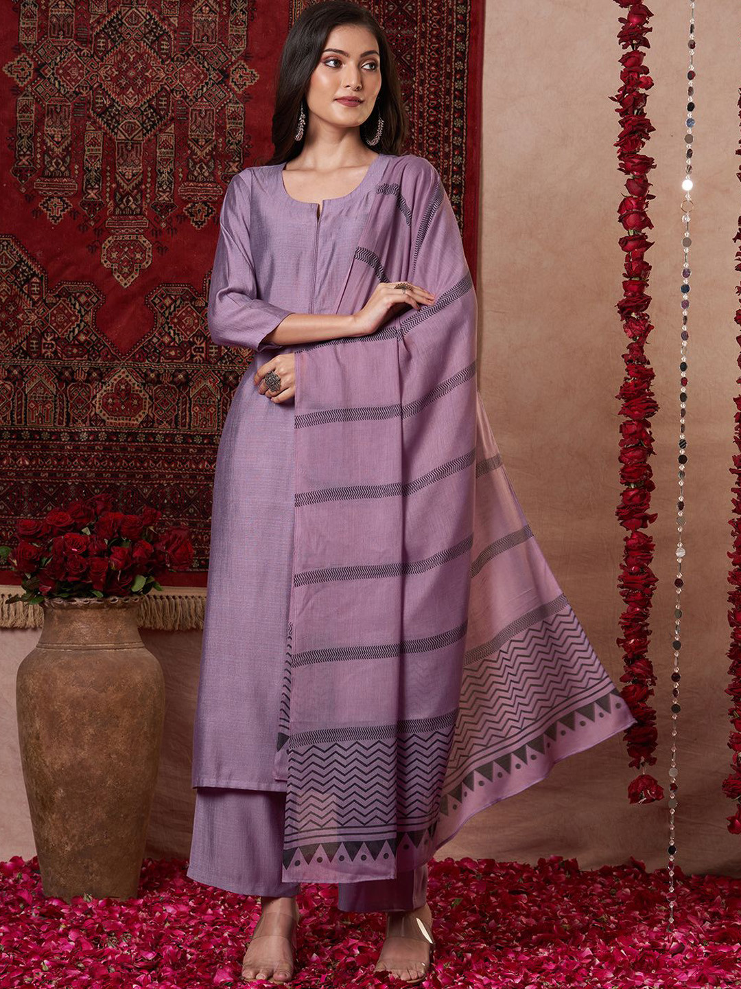 GoSriKi Raja Saab Notch Neck Straight Kurta With Trousers & Dupatta