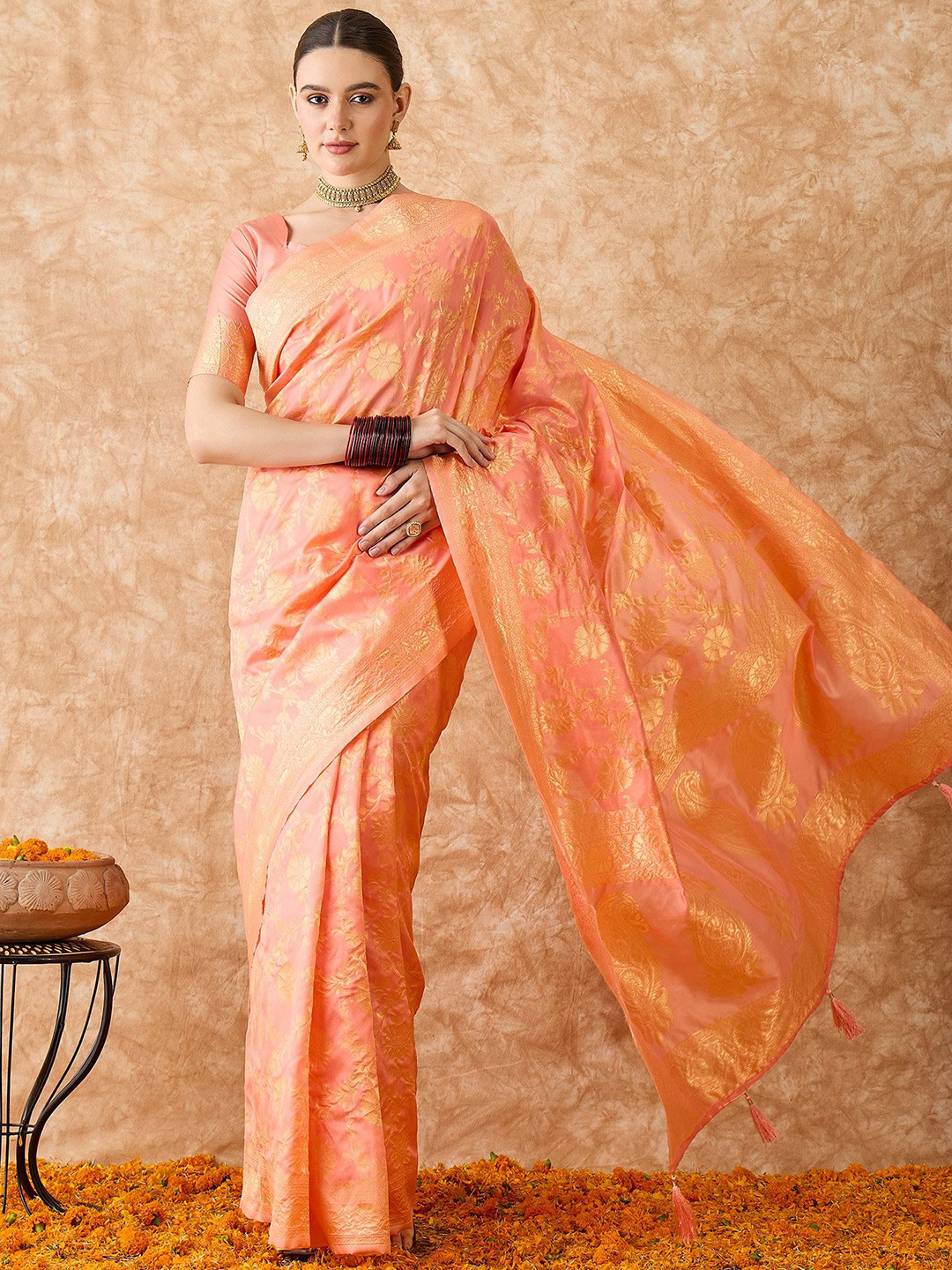 DEVATITHI Peach Banarasi Silk Saree