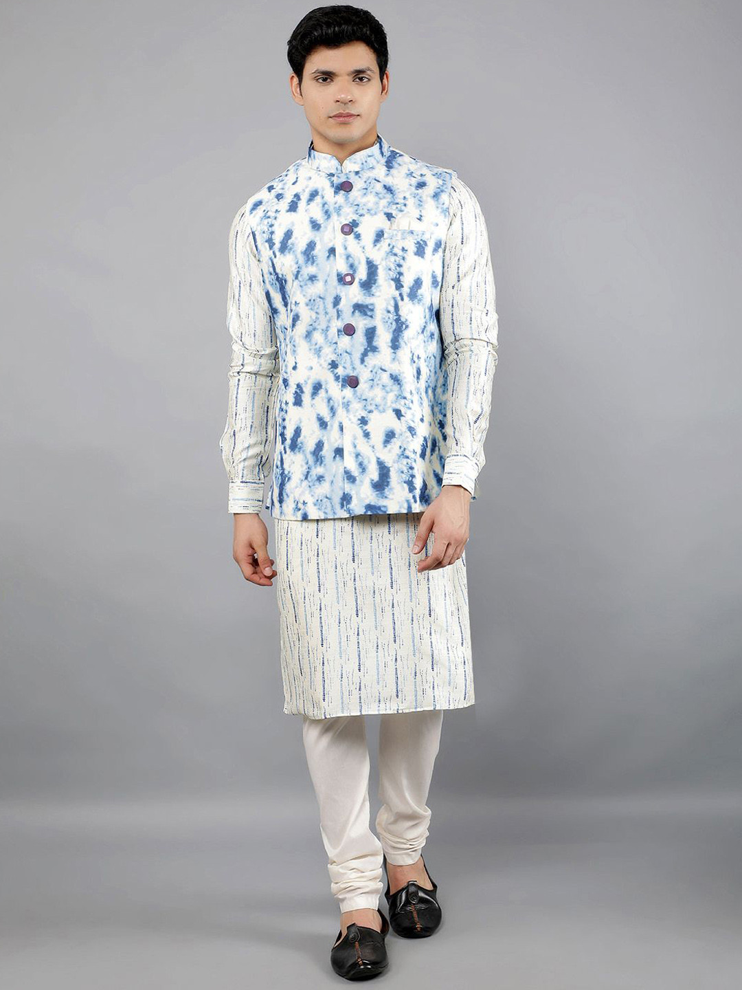 Manish Creations Abstract Printed Mandarin Collar Kurta With Churidar And Nehru Jacket