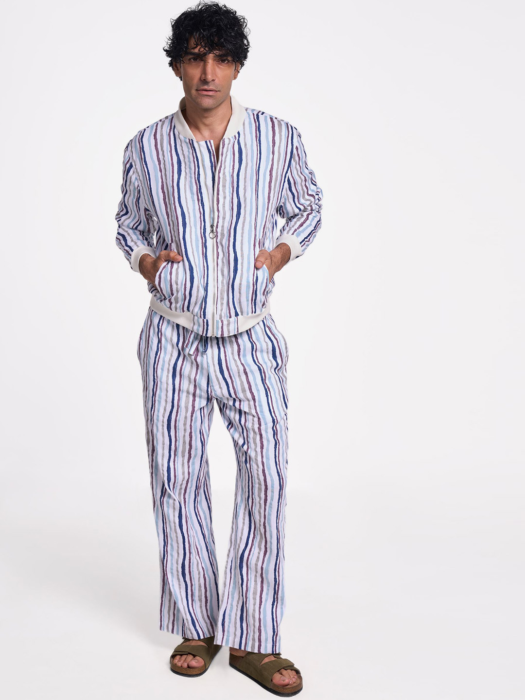 Terra Luna Men Stand Collar Striped Cotton Casual Bomber Jacket