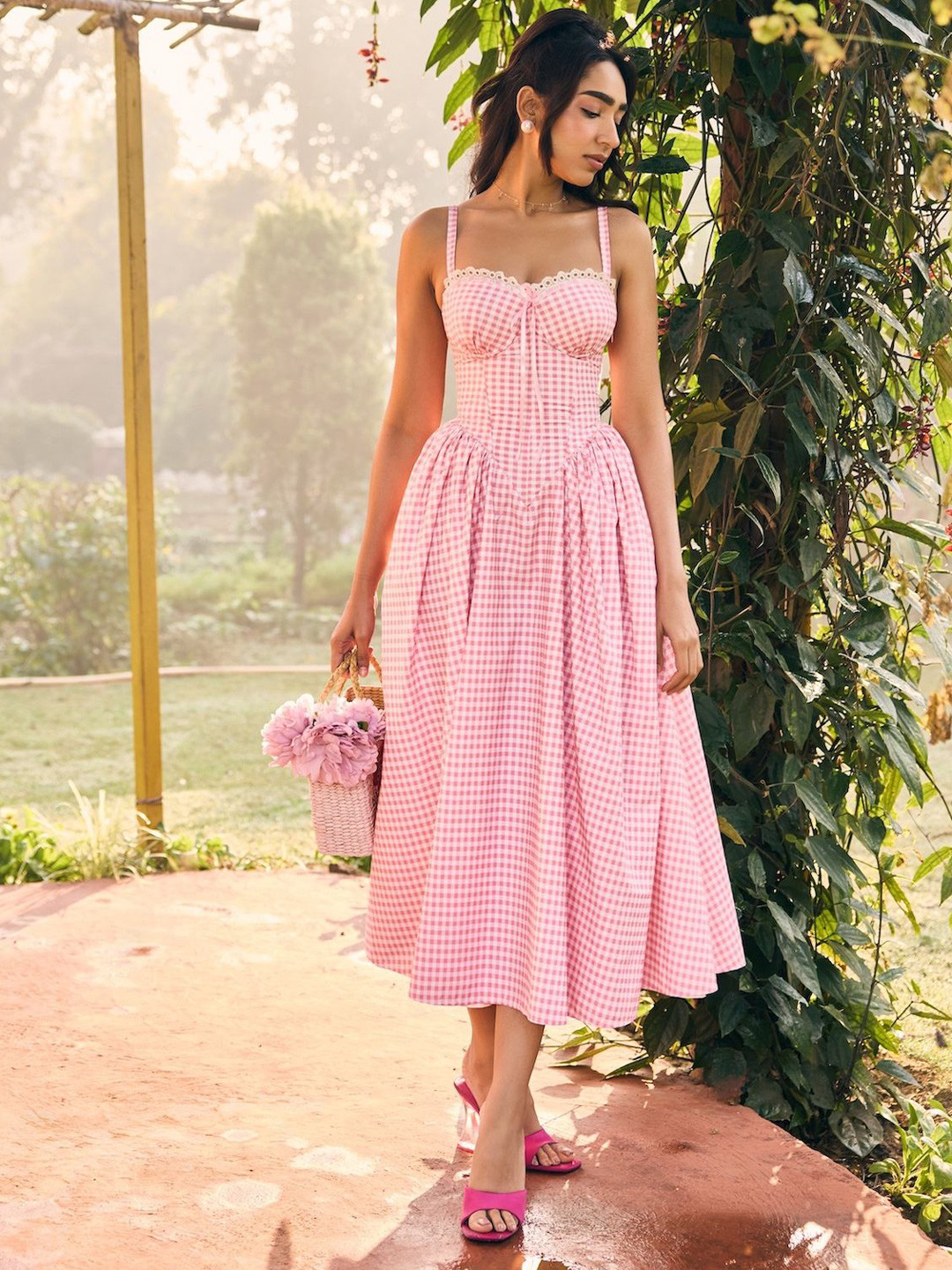 Lea Clothing Co. Women Alaya Pink and White Midi Corset Dress