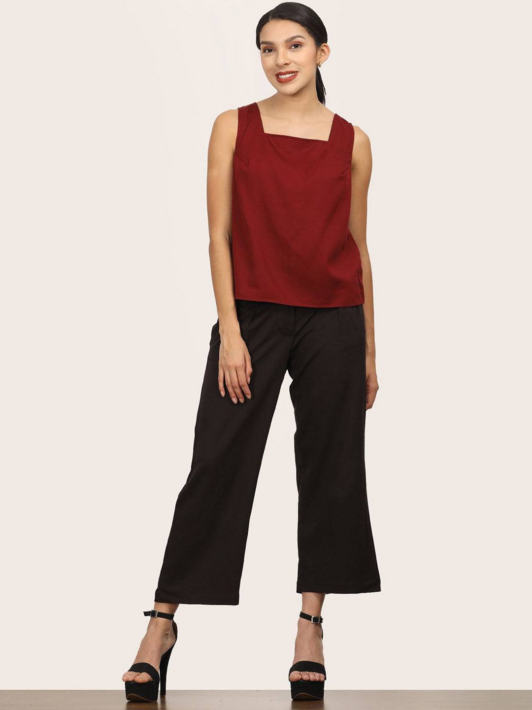 Saltpetre Women Maroon Square Neck Top With Coffee Pant Co-Ords Set