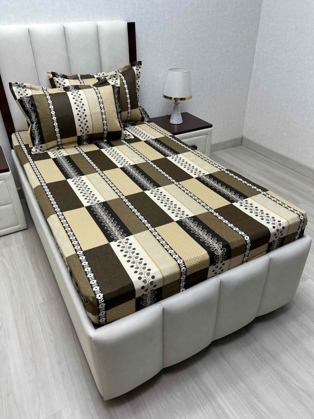 Pure Decor Lounge Fur Brown Floral Pure Cotton 240 TC Single Fine Bedsheet with 2 Pillow Covers-68 x 93 inches
