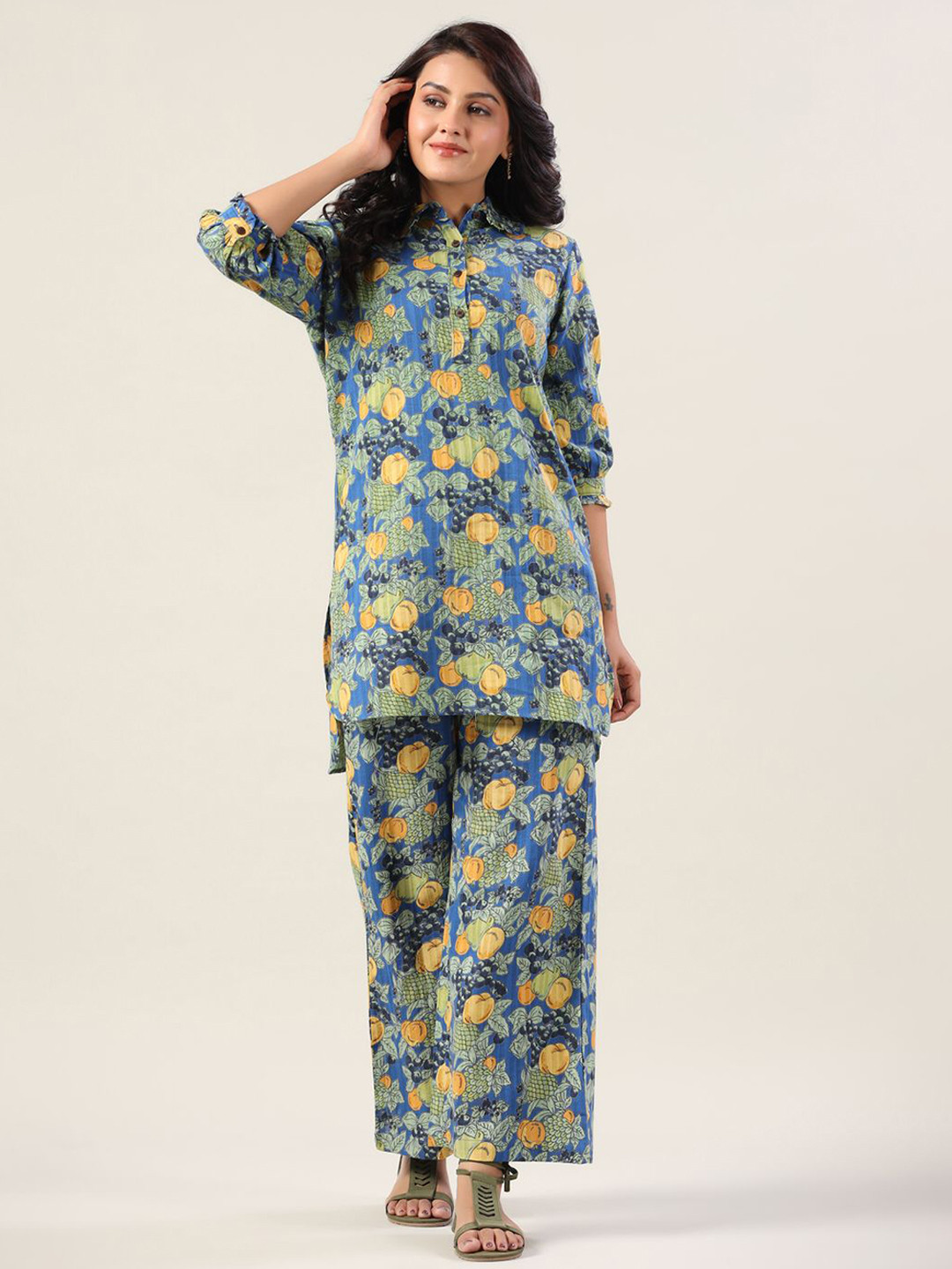 JISORA Printed Pure Cotton Shirt Collar Top With Palazzos Co-Ords