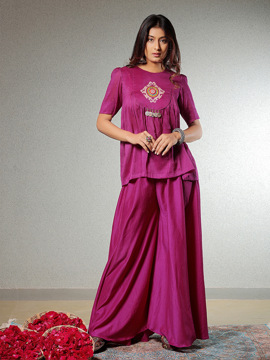 SUKRUTI DESIGN Taskeen Floral Yoke Design Pleated Pure Silk Top With Palazzos