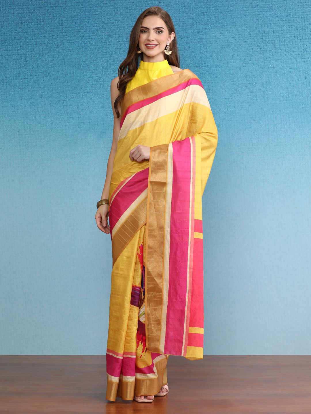 DIVASTRI Colourblocked Zari Border Digital Printed Silk Saree