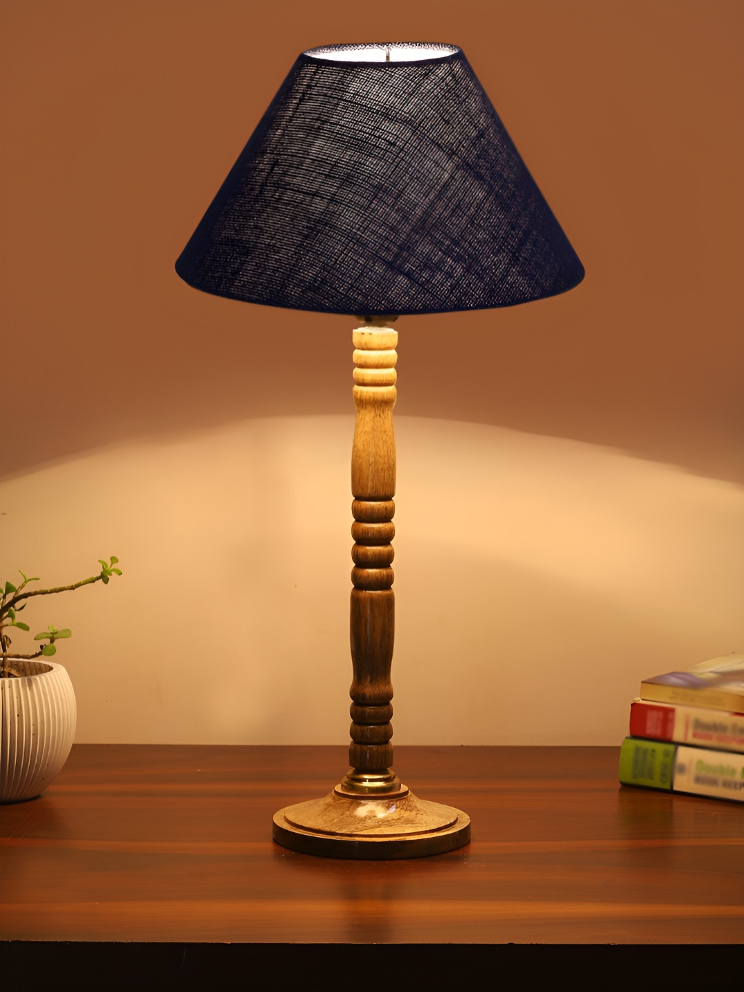 Devansh Navy Blue & Beige Textured Frustum Shaped Wooden Table Lamp