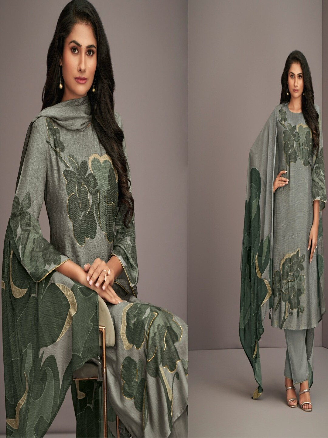 KANHA TEXTILES Floral Printed Pure Silk Unstitched Dress Material