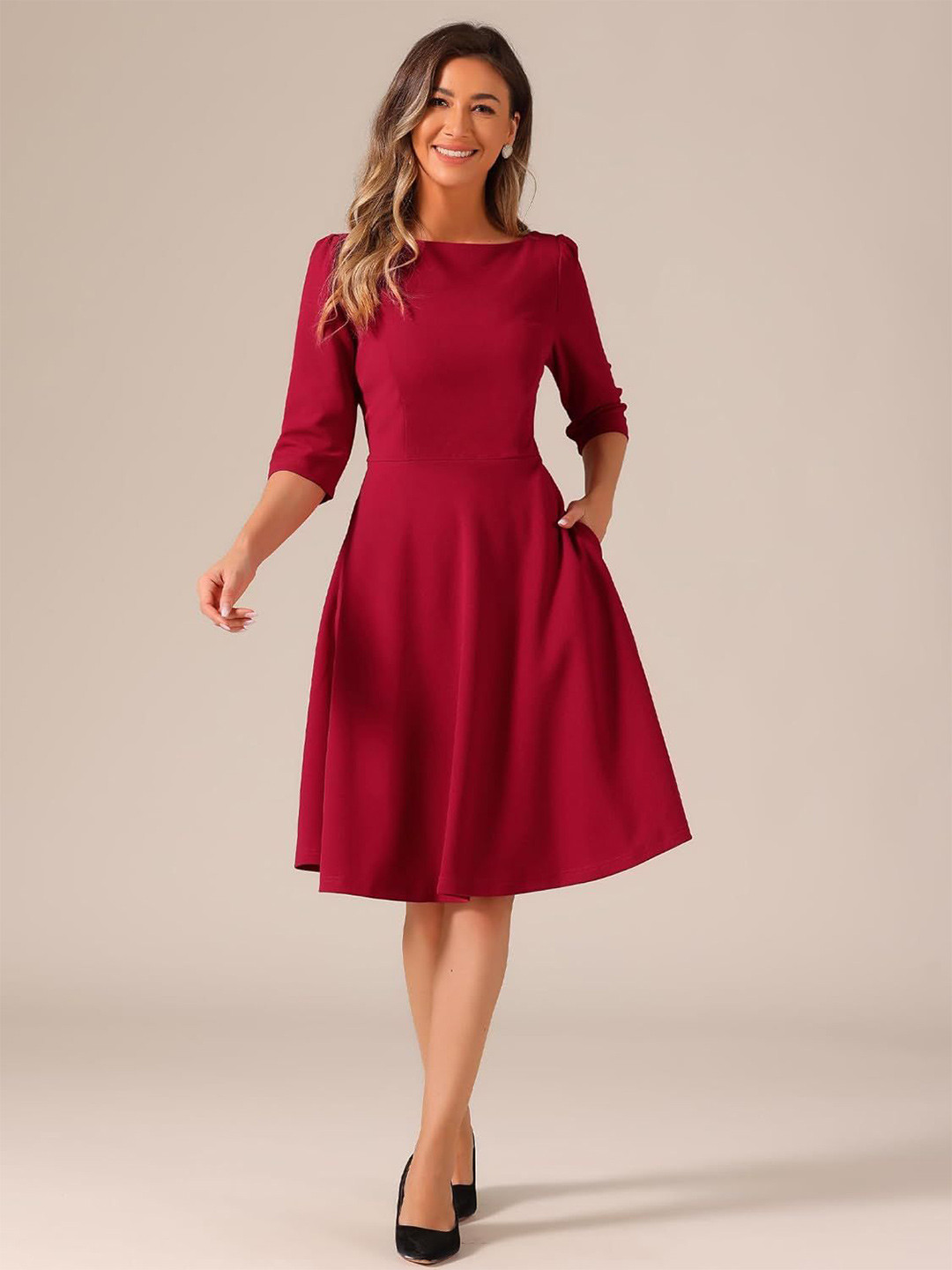 C4D Puff Sleeve Fit & Flare Midi Dress