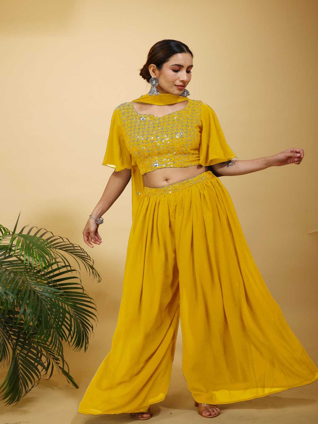 Yellow Embroidered Sequinned Top with Palazzos and Dupatta