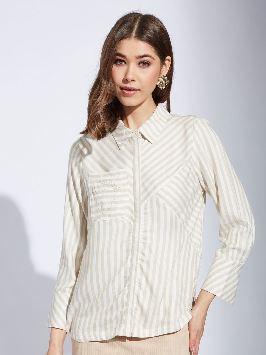 Latin Quarters Women Spread Collar Vertical Striped Casual Shirt