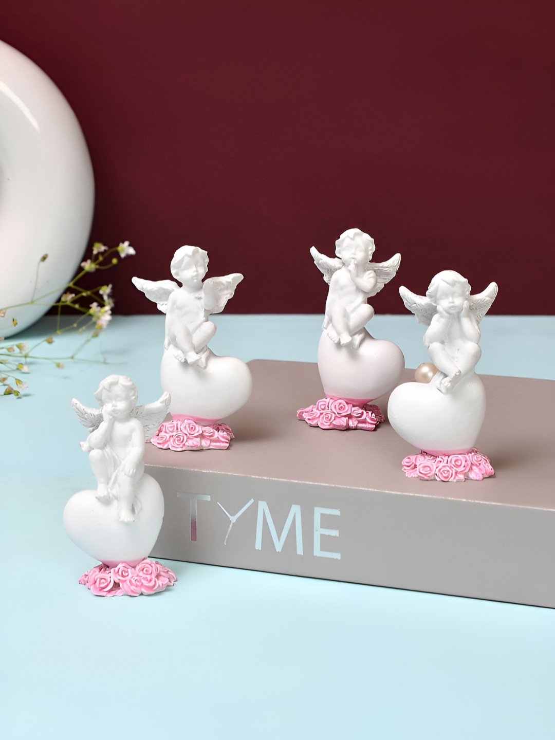 TAYHAA Angel on Heart Base Pink Polyresin Natural Living Room Set of 4 Small Showpieces - 3.1 Inches