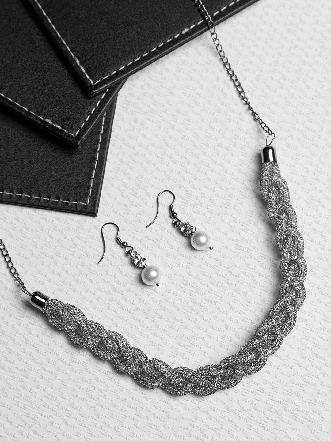 Priyaasi Silver Plated Pearls-Beaded Meshed Jewellery Set