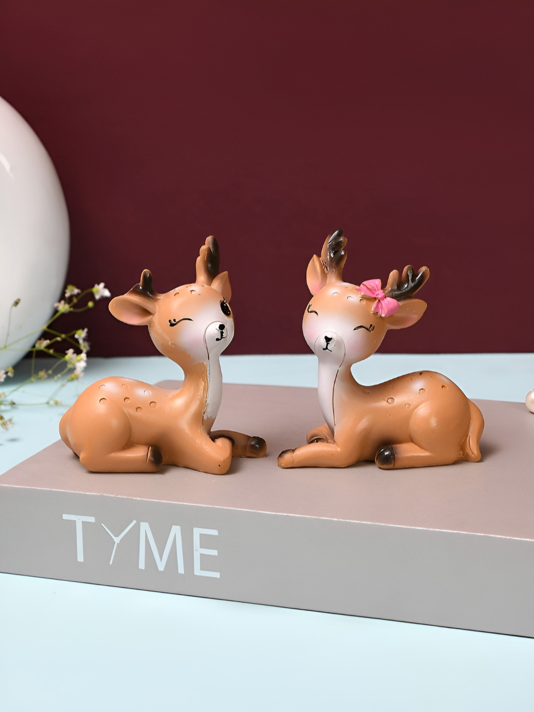 TAYHAA Mini Deer Pink Polyresin Natural Living Room Set of 2 Small Showpieces - 3.7 Inches