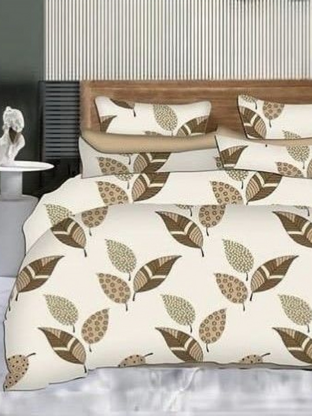 Bajo's Cream Leaf Cotton Breathable 300 TC Queen Fine Bedsheet with 2 Pillow Covers-89 x 98 inches