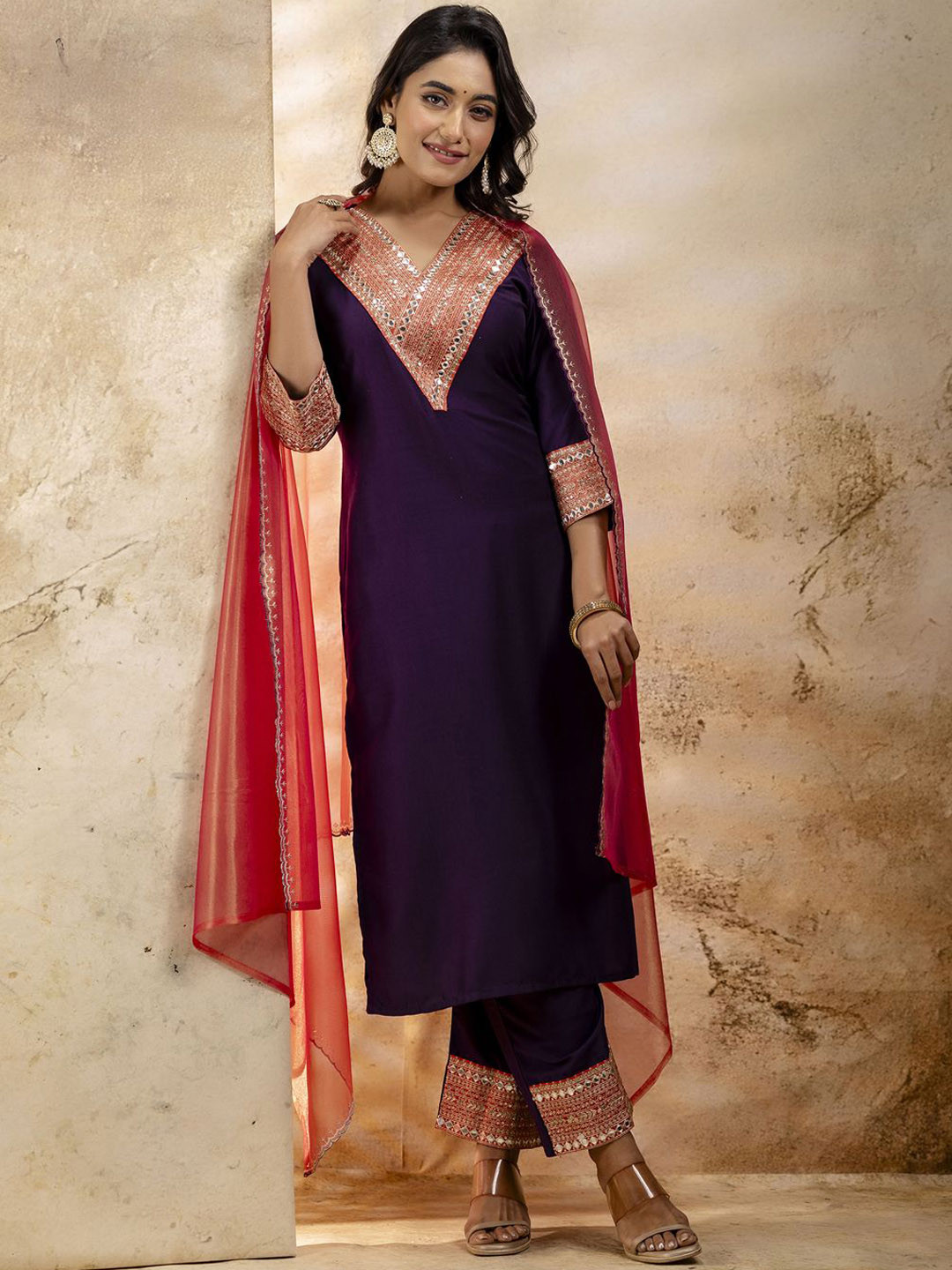 VredeVogel Ethnic Motifs Yoke Design Mirror Work Straight Kurta With Trousers And Dupatta