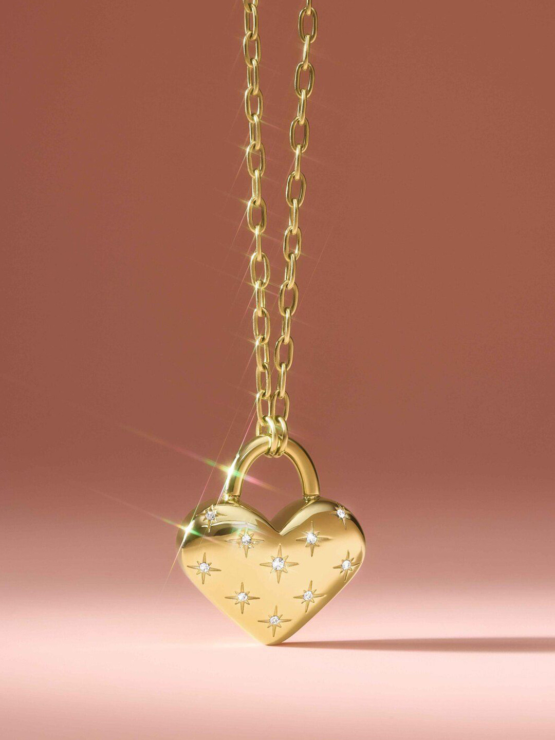 Fossil Sadie Stainless Steel Artificial Stones Studded Heart Shaped Pendants with Chains