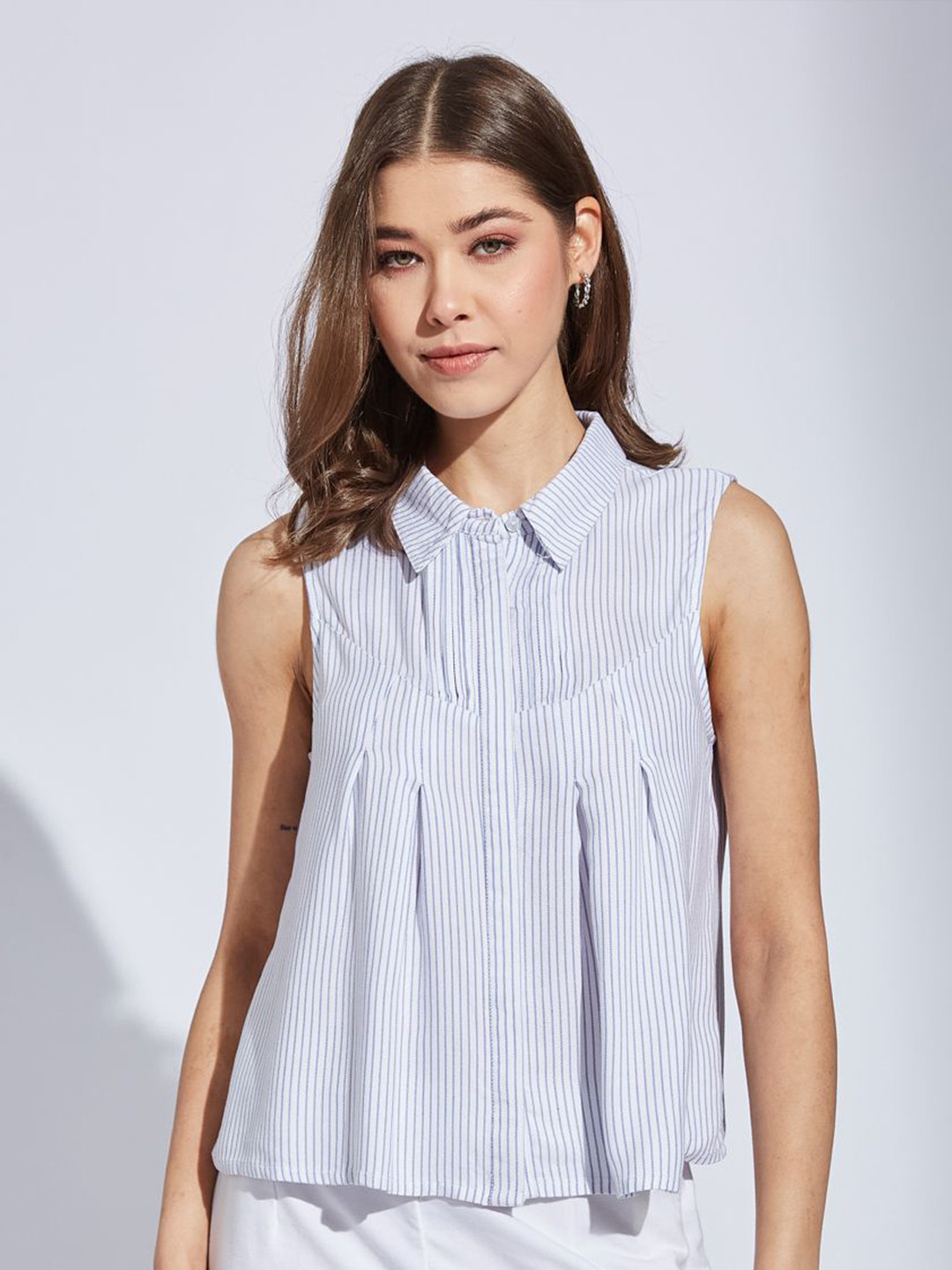 Latin Quarters Women Striped Pleated Shirt Style Top