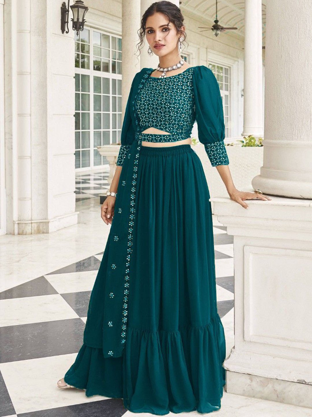 SANCIA Embroidered Sequins Top With Skirt And Dupatta