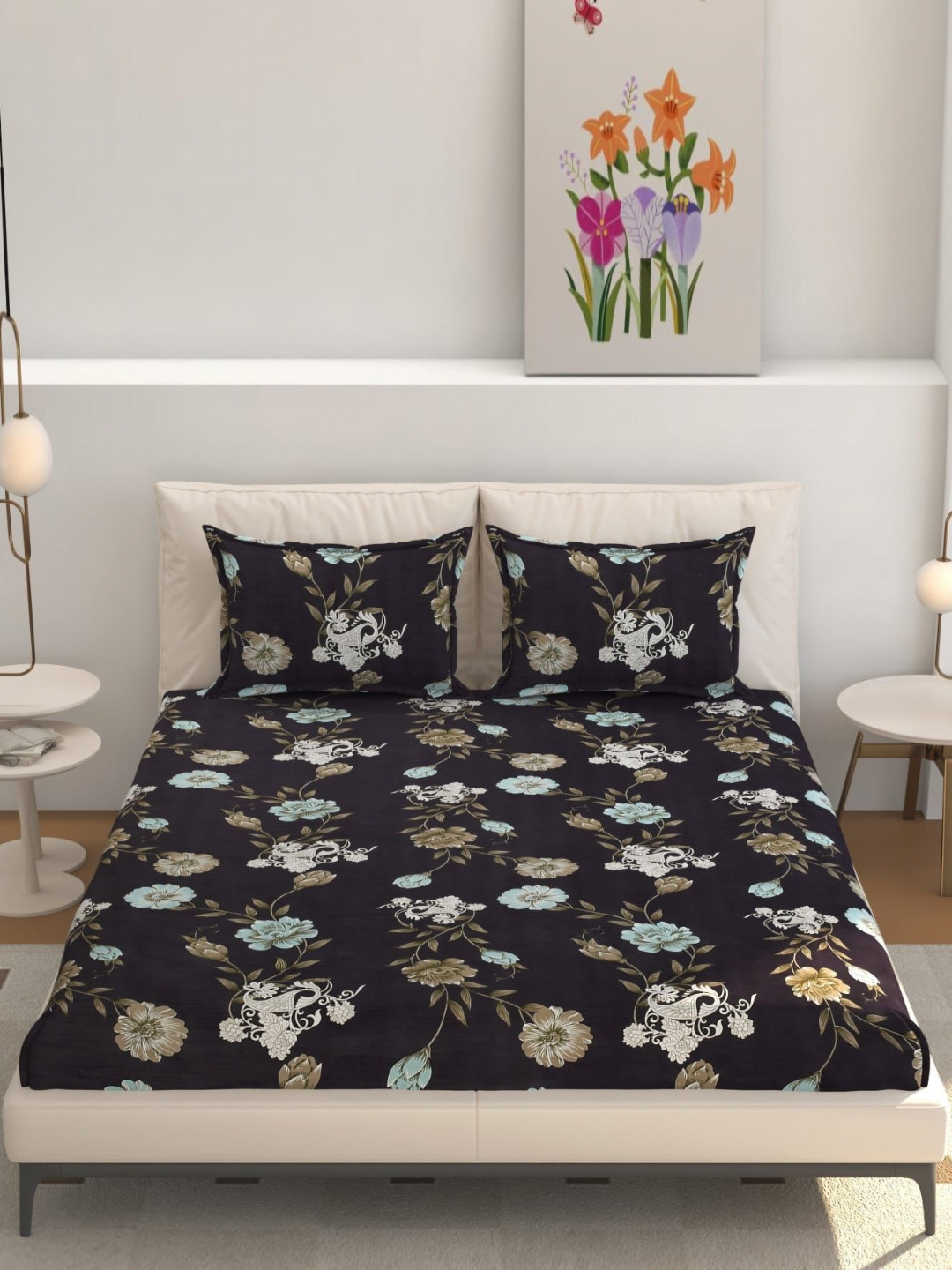 RIDHAAN Blue Floral Polycotton 220 TC Fitted Queen Fine Bedsheet with 2 Pillow Covers-72 x 76 inches