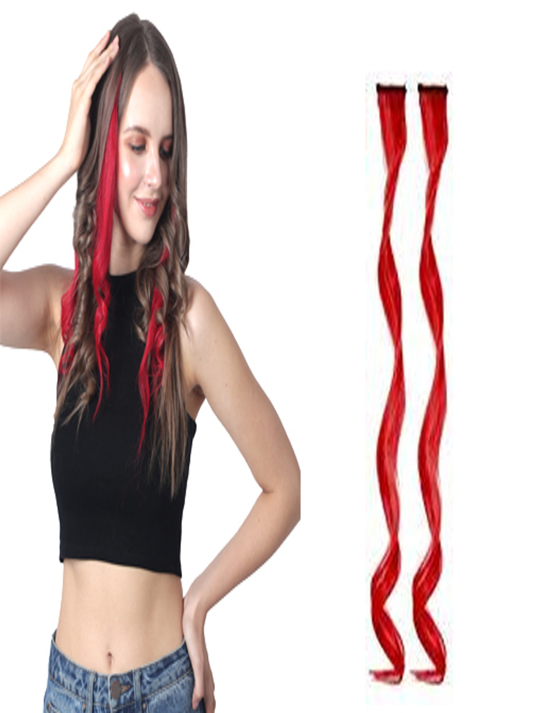 RITZKART Set Of 2 Clip In Curly Colored Strand Hair Extension - Red - 18 Inch Each