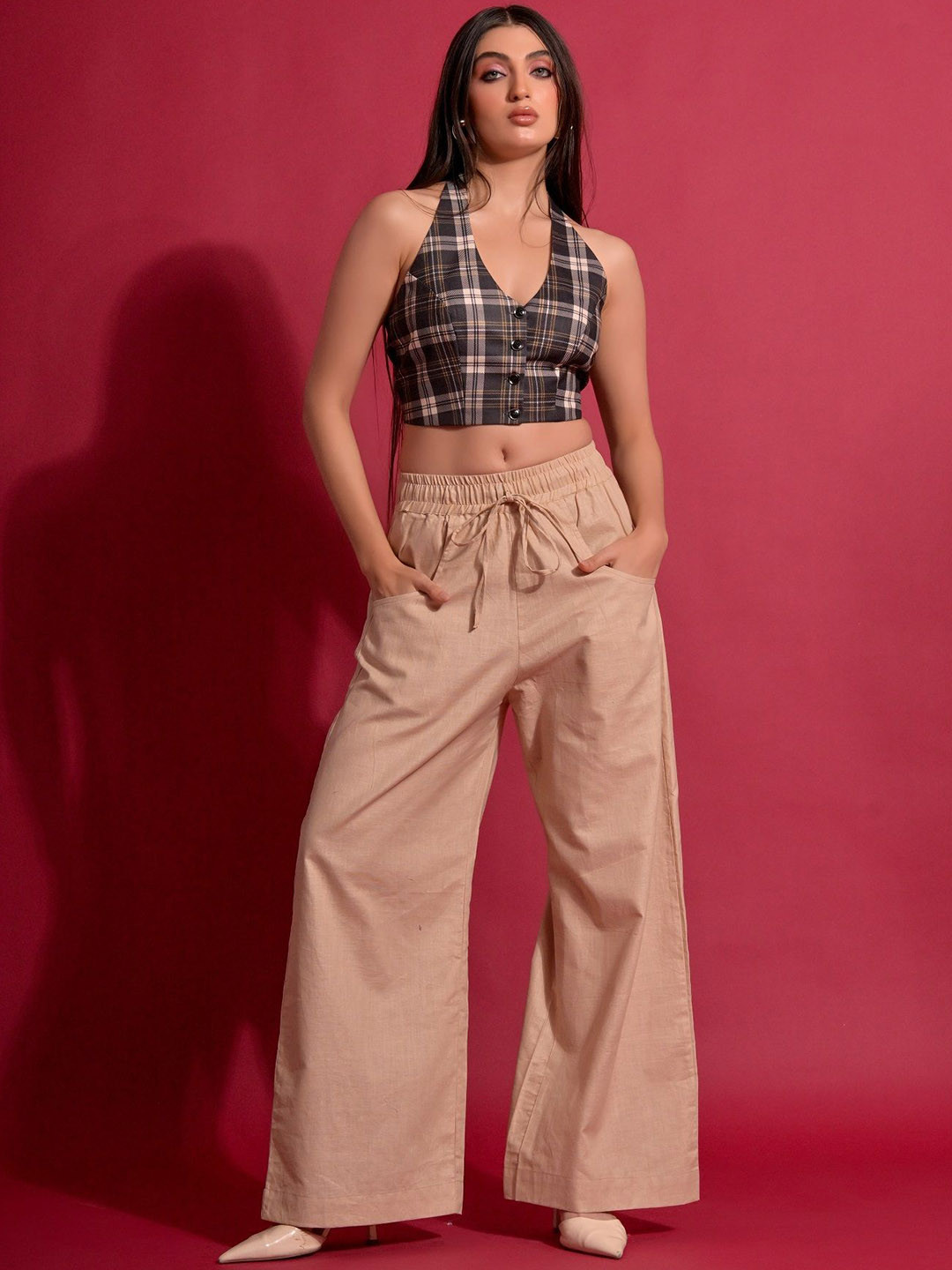 GARDEN PARTY Cotton Checks Sleeveless Waistcoat with Linen Trousers Co-Ord Set