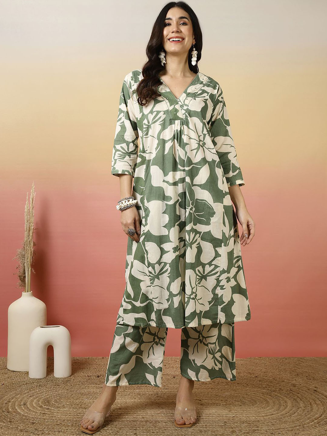 Sangria Green and Beige Floral Printed V-Neck Pure Cotton A-Line Kurta & Palazzos