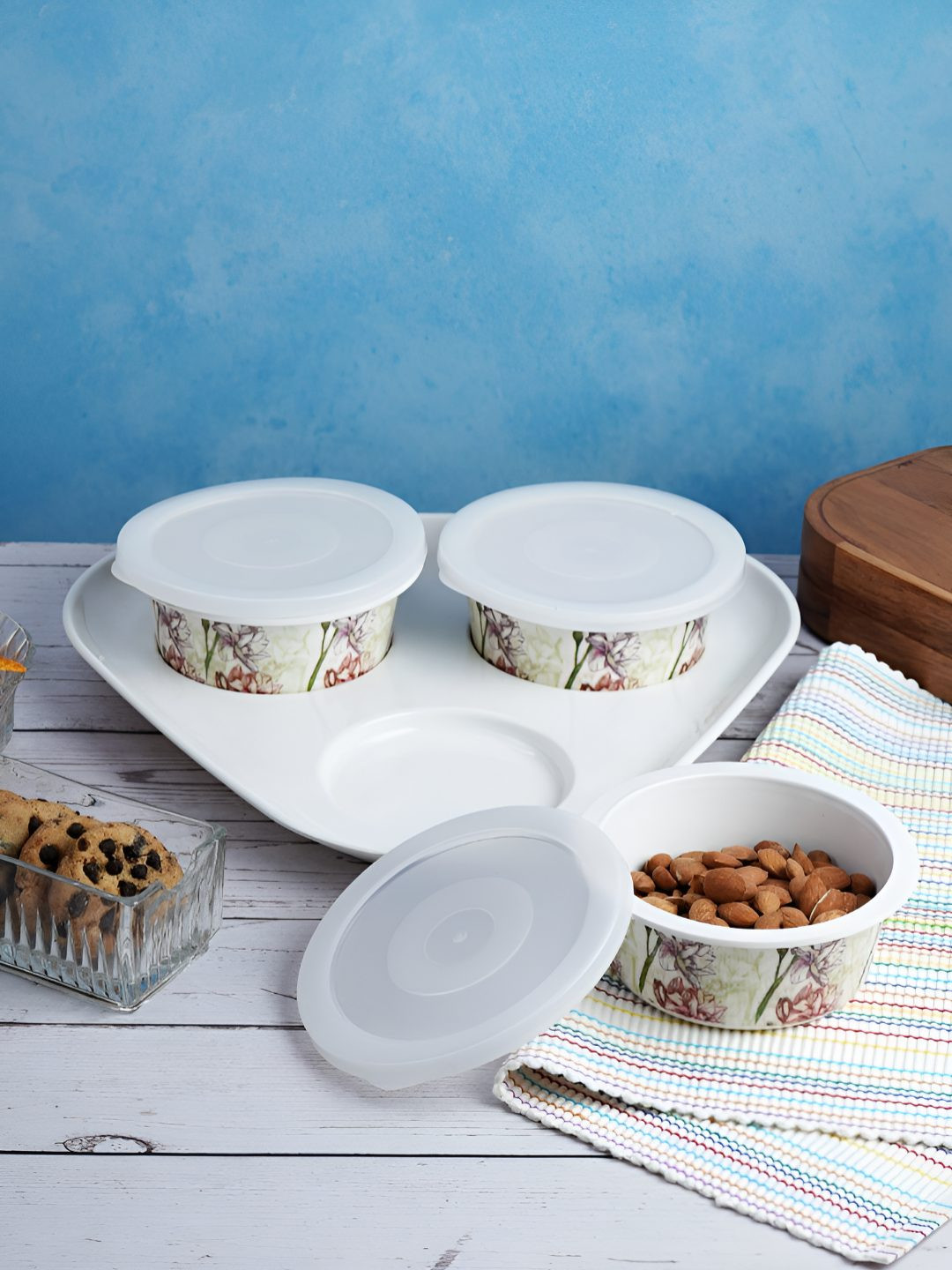 Aura White & Green 3 Pieces Printed Melamine Glossy Safe Serving Bowls With Tray-300mlEach