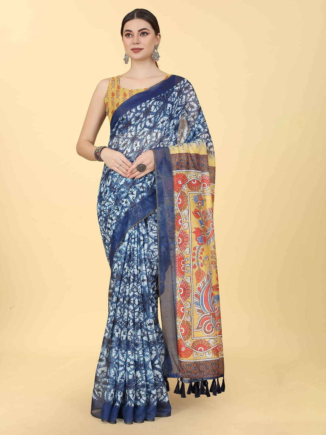 DIVASTRI Chanderi Cotton Indigo Digital Printed Saree With Tassels