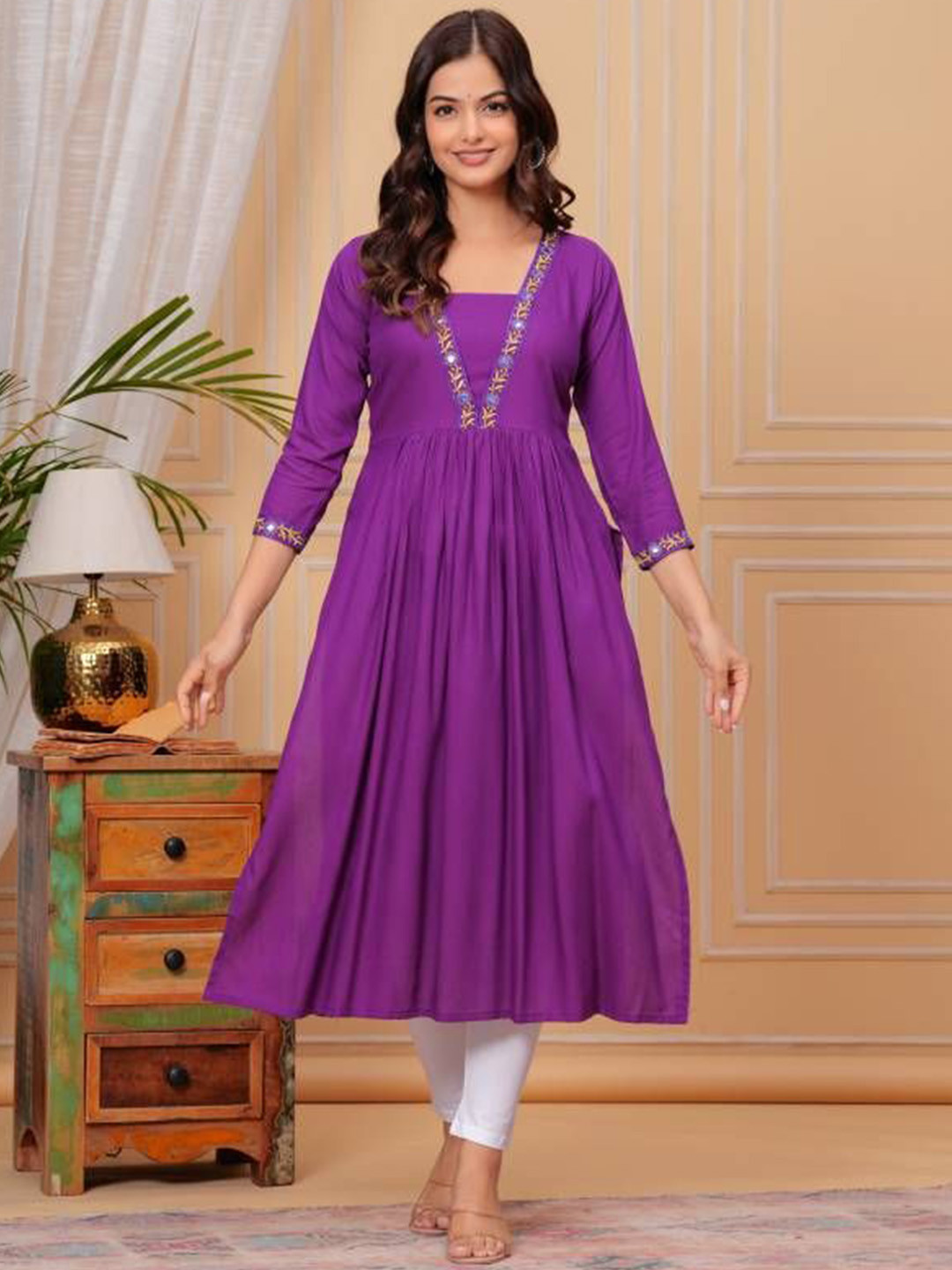 TROPWEAR Floral Yoke Design Pleated V-Neck Embroidered Cotton A-Line Naira Cut Kurta