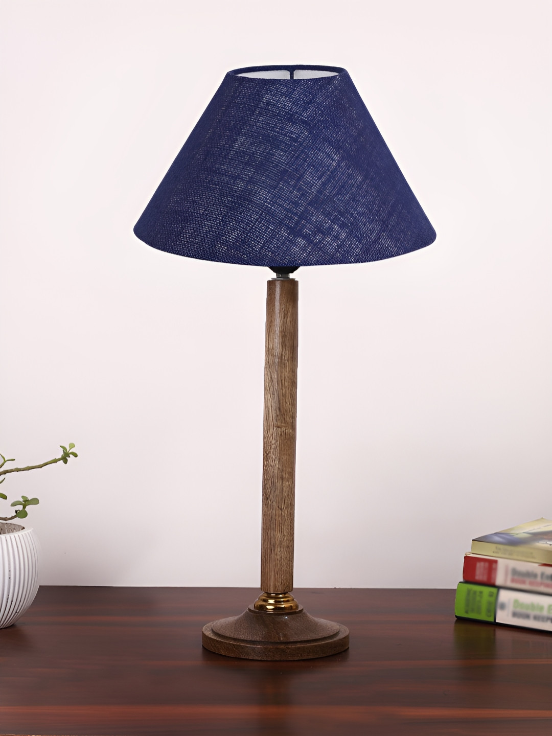 Devansh Navy Blue & Brown Frustum Shaped Wooden Table Lamp