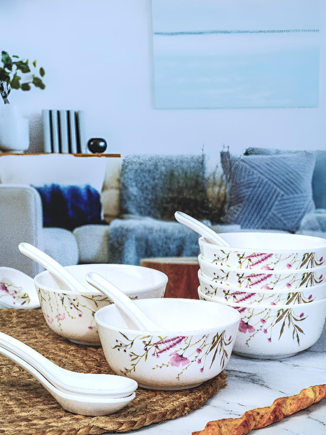 Servewell White & Pink 12 Pieces Printed Melamine Serving Bowls & Spoons 280 ml